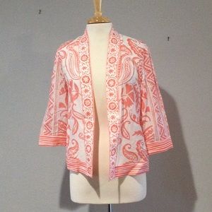 Chico's Sheer Peach & White Open Front 3/4 Sleeve Jacket Size 0/S/4